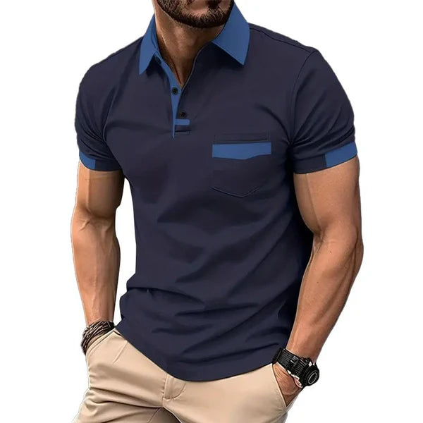 Casual Color Block Pocket Short Sleeve Polo Shirt