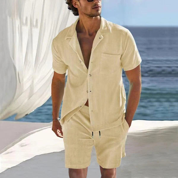 Solid Corduroy Lapel Short Sleeve Shirt Shorts Casual Set