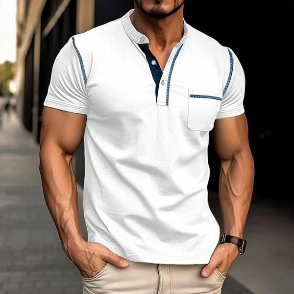 Casual Colorblock Henley Collar Short Sleeve T-Shirt