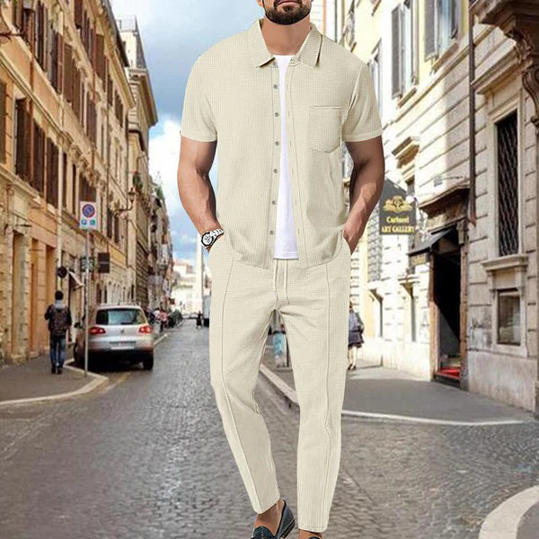 Waffle Solid Color Short Sleeve Shirt and Pants Set