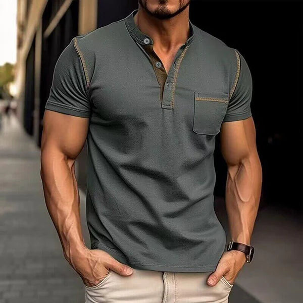 Casual Colorblock Henley Collar Short Sleeve T-Shirt