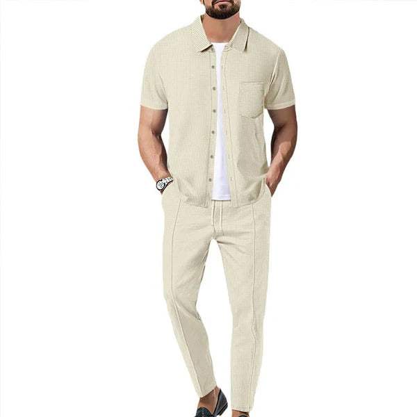 Waffle Solid Color Short Sleeve Shirt and Pants Set