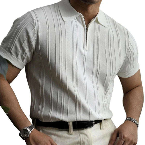 Casual Striped Loose Lapel Zipper Knitted Short Sleeve Polo Shirt