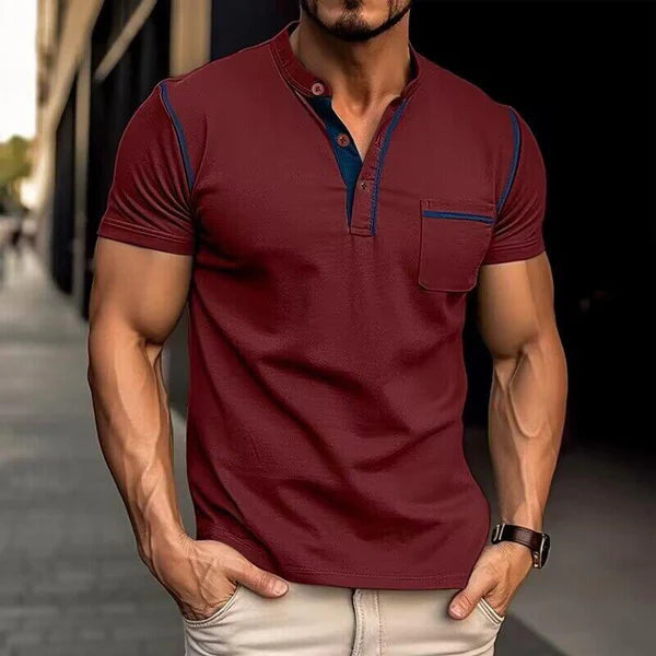 Casual Colorblock Henley Collar Short Sleeve T-Shirt