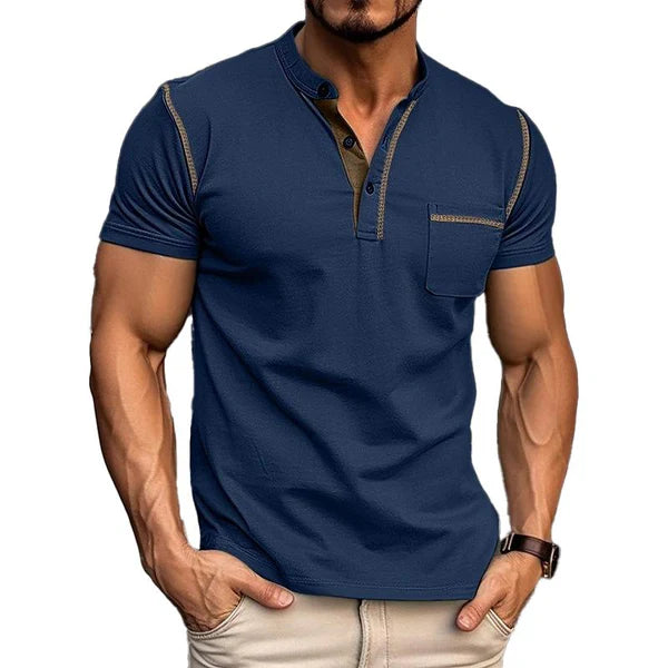 Casual Colorblock Henley Collar Short Sleeve T-Shirt