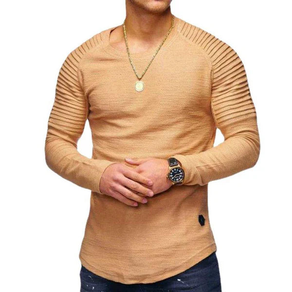 Casual Solid Color Pleated Stitching Round Neck Long Sleeve T-Shirt