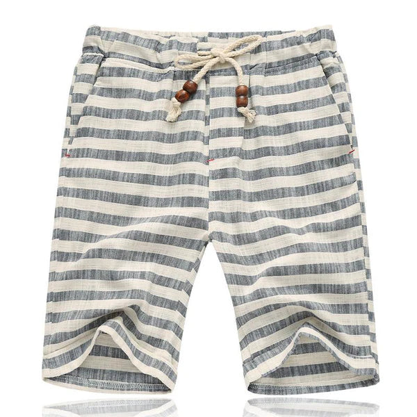 Casual Cotton Linen Stripe Elastic Waist Straight Shorts