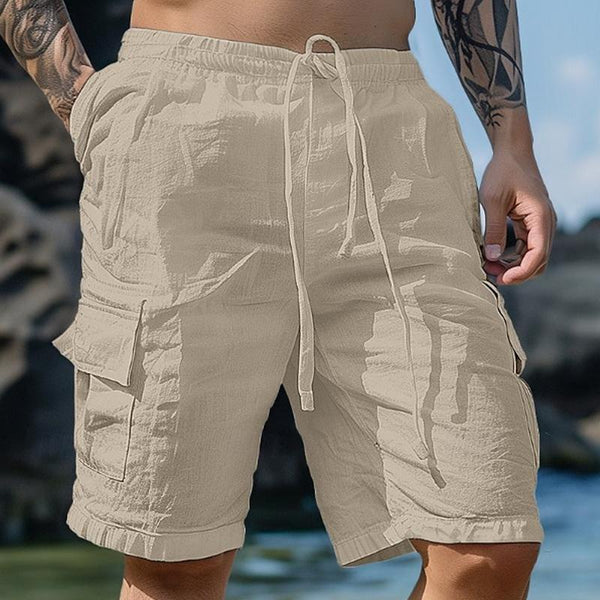 Solid Color Cotton And Linen Drawstring Beach Shorts