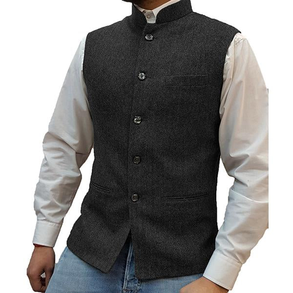 Stand Collar Herringbone Single Breasted Vest