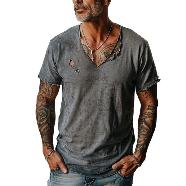 Distressed Ripped Raw Edge V-Neck Short-Sleeved T-Shirt