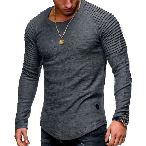 Casual Solid Color Pleated Stitching Round Neck Long Sleeve T-Shirt