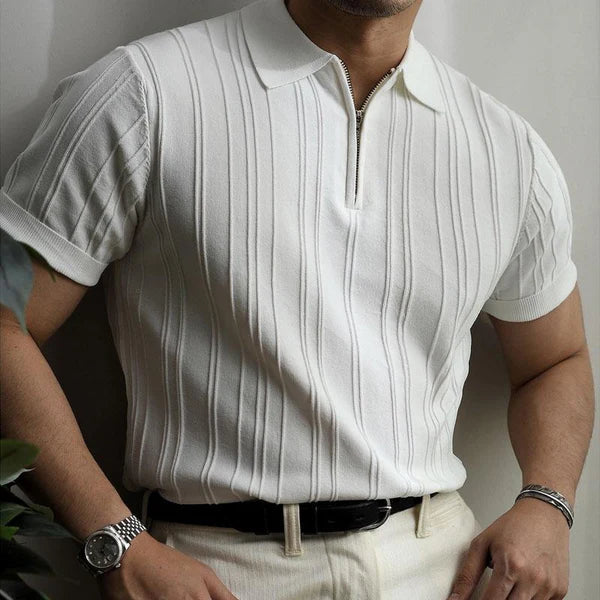 Casual Striped Loose Lapel Zipper Knitted Short Sleeve Polo Shirt