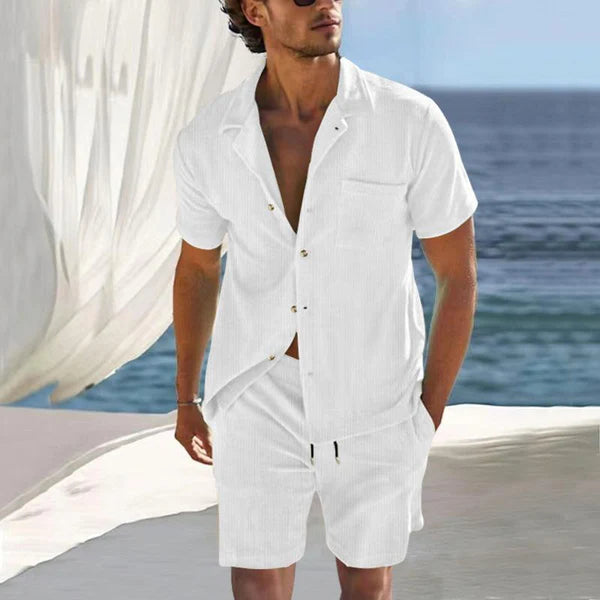 Solid Corduroy Lapel Short Sleeve Shirt Shorts Casual Set