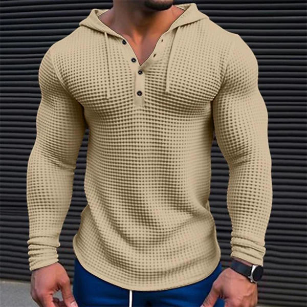 Solid Waffle Long Sleeve Casual Hoodie