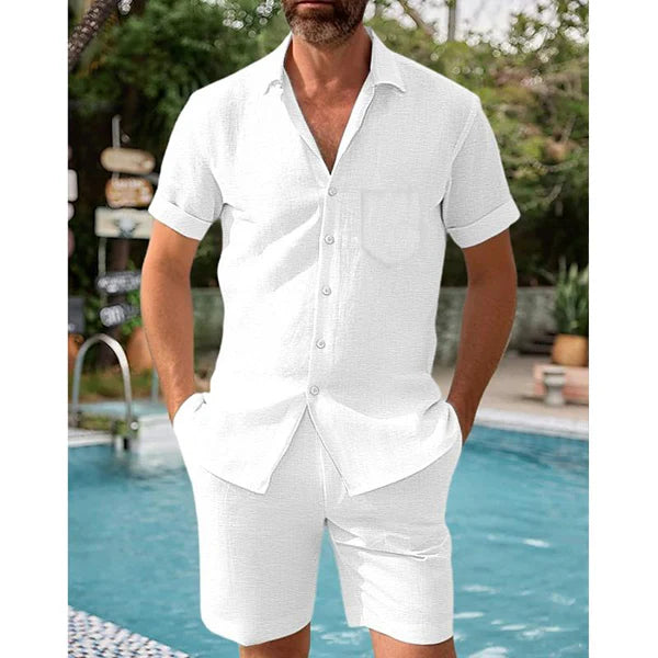 Cotton And Linen Short-Sleeved Shirt And Shorts Set - DUVAL