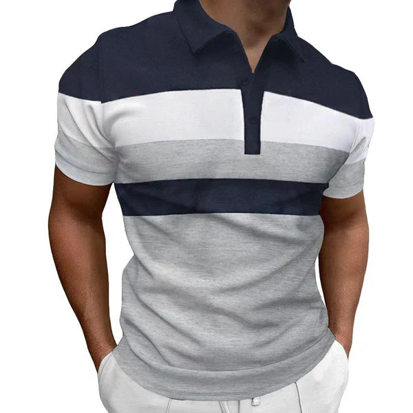 Casual Striped Color Block Lapel Polo Shirt - DUVAL
