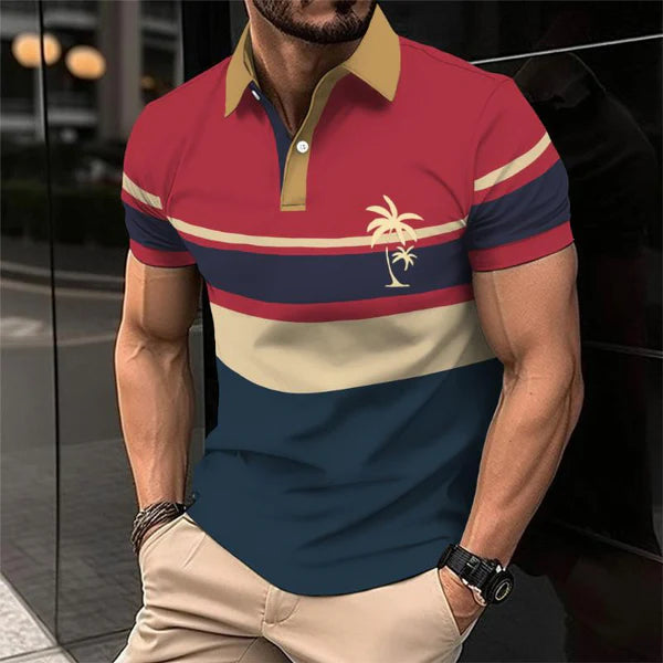 Retro Color Block Lapel Polo Shirt