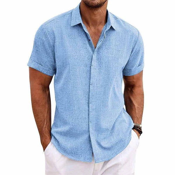 Solid Color Lapel Cotton Linen Short Sleeve Shirt