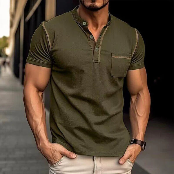 Casual Colorblock Henley Collar Short Sleeve T-Shirt