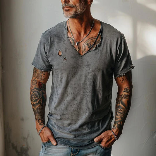 Distressed Ripped Raw Edge V-Neck Short-Sleeved T-Shirt