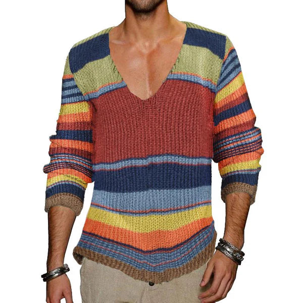 Vintage Rainbow Stripe V-Neck Knit Sweater