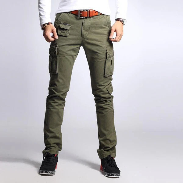 Solid Multi-pocket Cotton Slim Cargo Pants