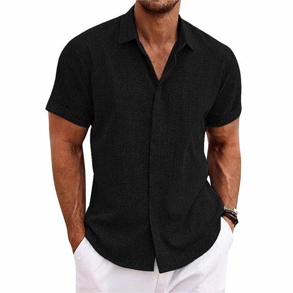 Solid Color Lapel Cotton Linen Short Sleeve Shirt