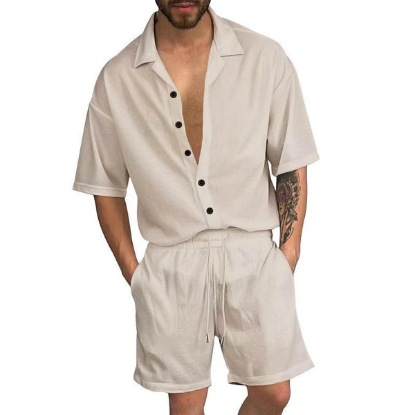 Casual Solid Color Lapel Short Sleeve Shirt Drawstring Shorts Set