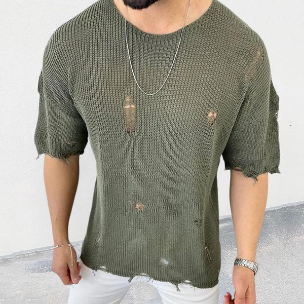 Casual Round Neck Short Sleeve Hollow Knit Pullover Sweater