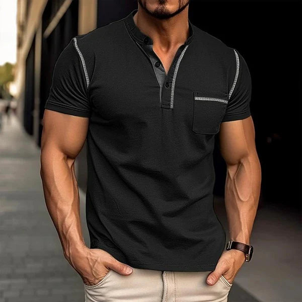 Casual Colorblock Henley Collar Short Sleeve T-Shirt