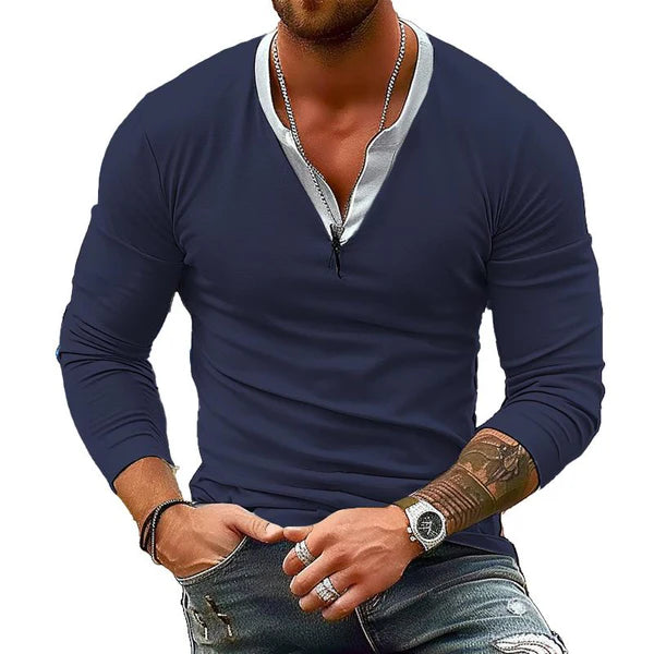 Double V Neck Casual Long Sleeve T-Shirt