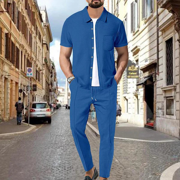 Waffle Solid Color Short Sleeve Shirt and Pants Set