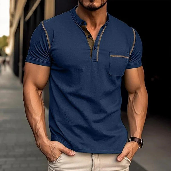 Casual Colorblock Henley Collar Short Sleeve T-Shirt