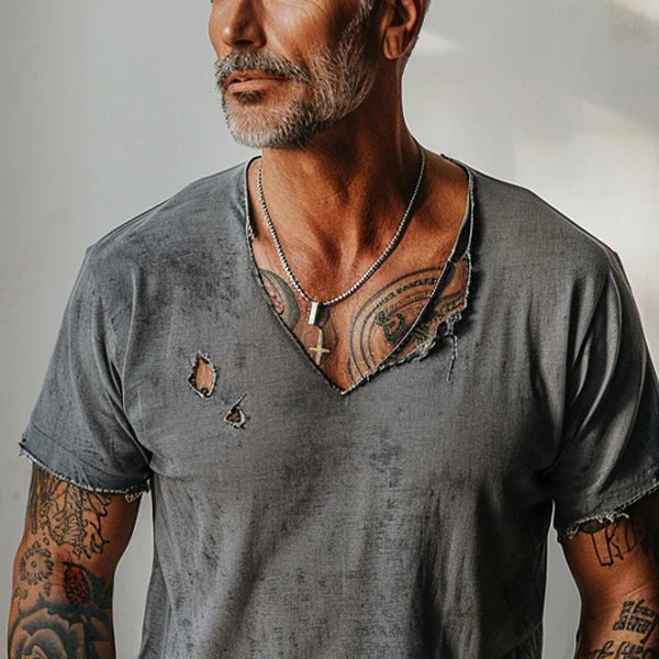 Distressed Ripped Raw Edge V-Neck Short-Sleeved T-Shirt