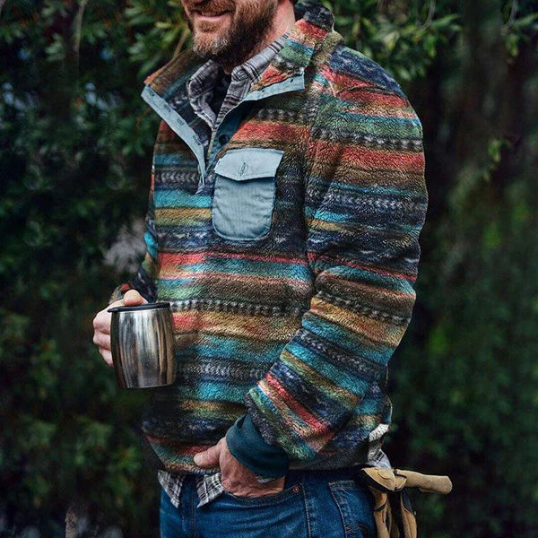 Men's Retro Casual Color Striped Flannel Stand Collar Sweatshirt