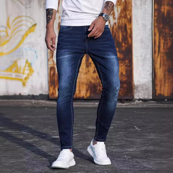 Distressed Calf Stretch Denim Trousers