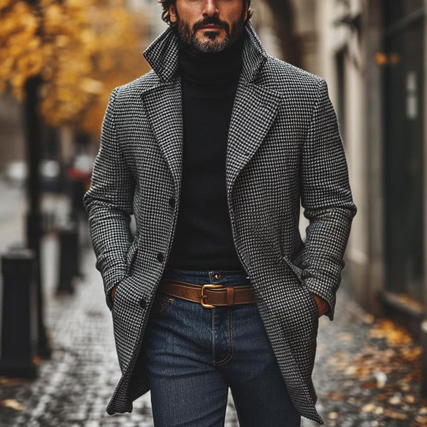 Classic Houndstooth Notch Lapel Single Breasted Mid-Length Coat - DUVAL