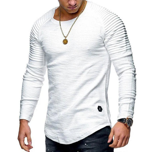 Casual Solid Color Pleated Stitching Round Neck Long Sleeve T-Shirt