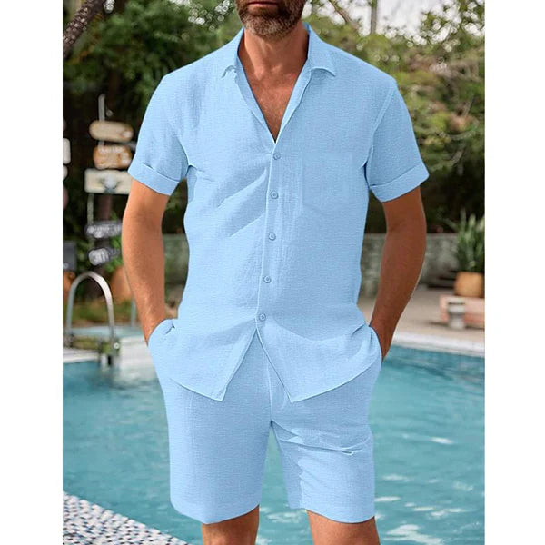 Cotton And Linen Short-Sleeved Shirt And Shorts Set