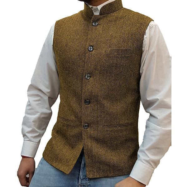 Stand Collar Herringbone Single Breasted Vest