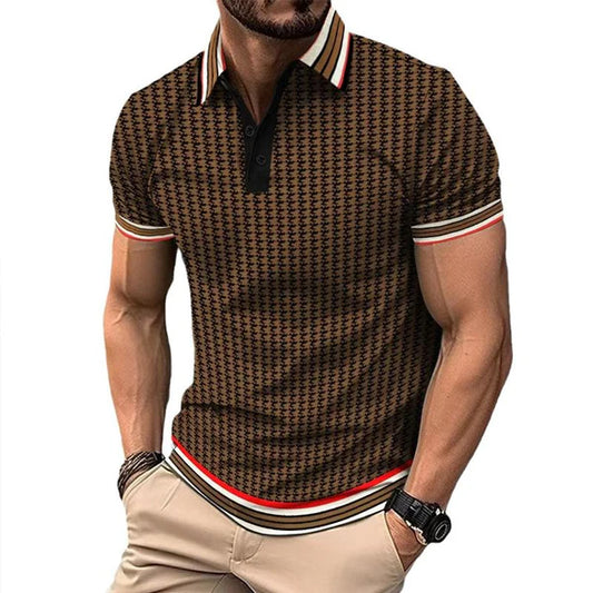 Casual Houndstooth Color Block Short Sleeve POLO Shirt