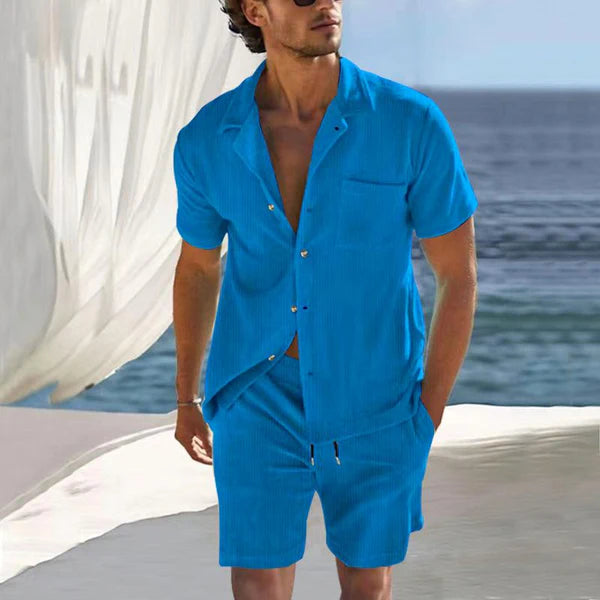 Solid Corduroy Lapel Short Sleeve Shirt Shorts Casual Set