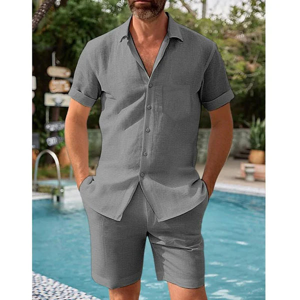 Cotton And Linen Short-Sleeved Shirt And Shorts Set - DUVAL