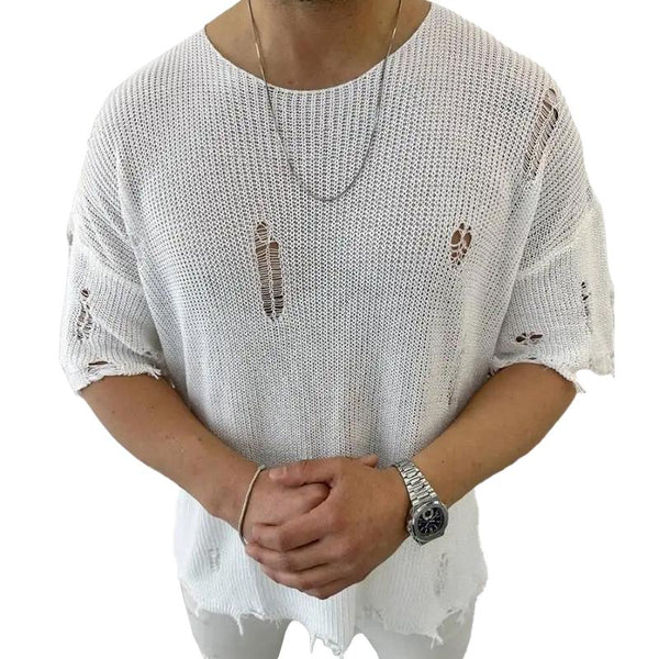 Casual Round Neck Short Sleeve Hollow Knit Pullover Sweater