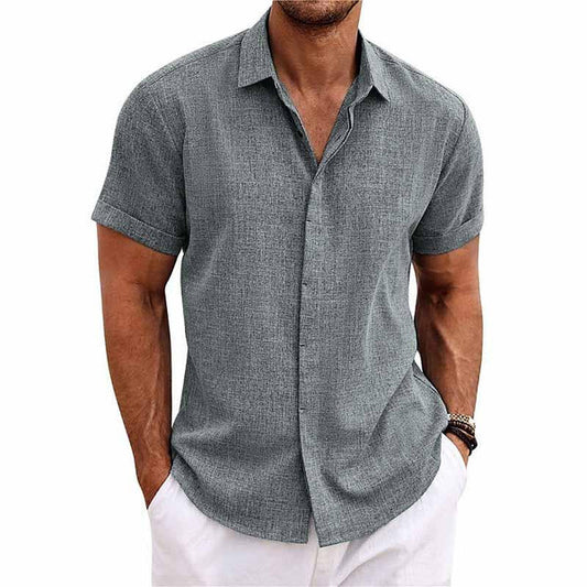 Solid Color Lapel Cotton Linen Short Sleeve Shirt