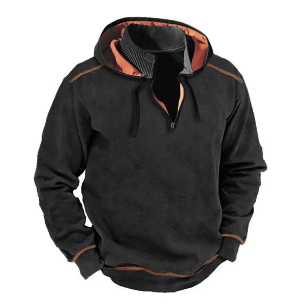 Men's Vintage Contrast Zipper Stand Collar Patchwork Hooded Sweatshirt