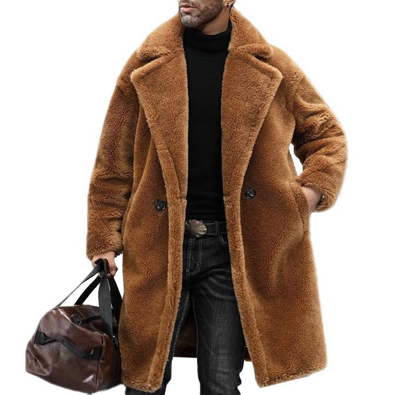 Warm Solid Color Teddy Plush Lapel Long Coat - DUVAL
