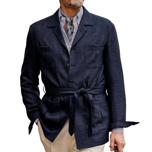 men's solid color cotton linen multi pocket button blazer