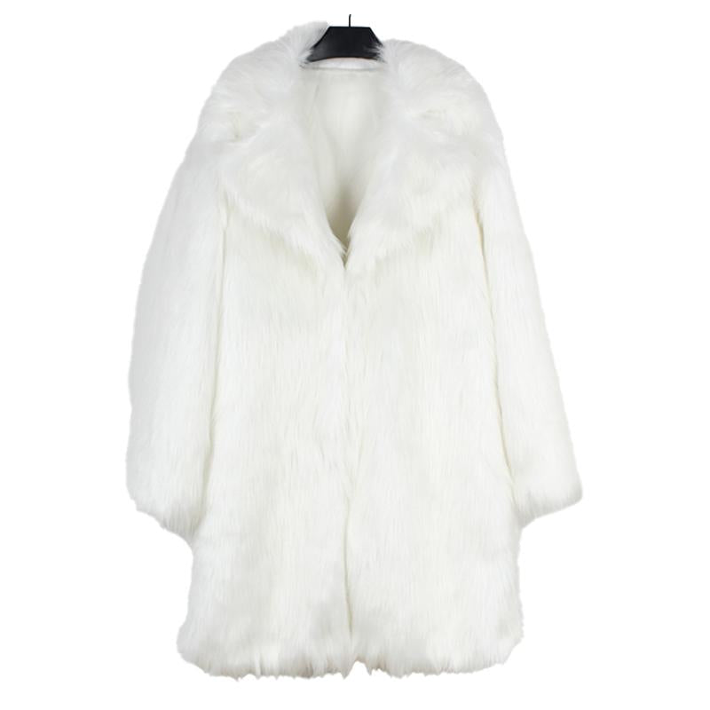 Lapel Long Imitation Fur Solid Color Coat - DUVAL