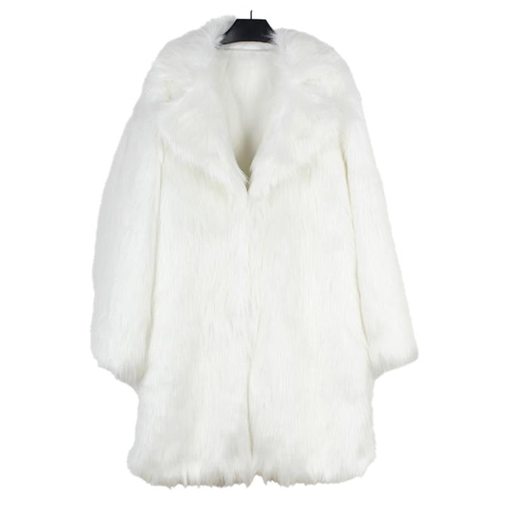 Lapel Long Imitation Fur Solid Color Coat - DUVAL